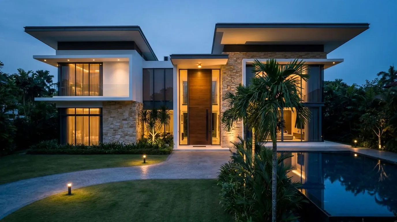 The front of the house with the facade, garden and path lights on