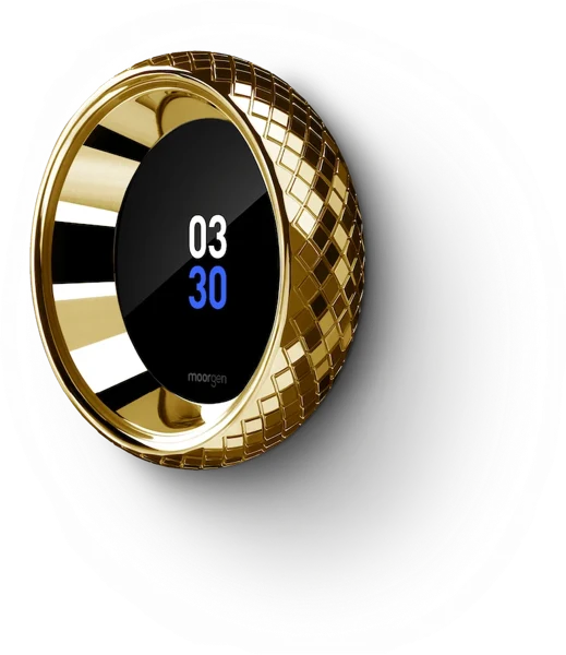 Moorgen Milanese LCD dimmer knob with a faceted gold rim and round touchscreen