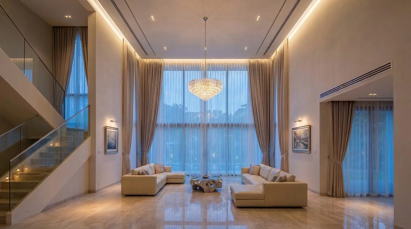 The same living room with the white sheer curtains drawn closed