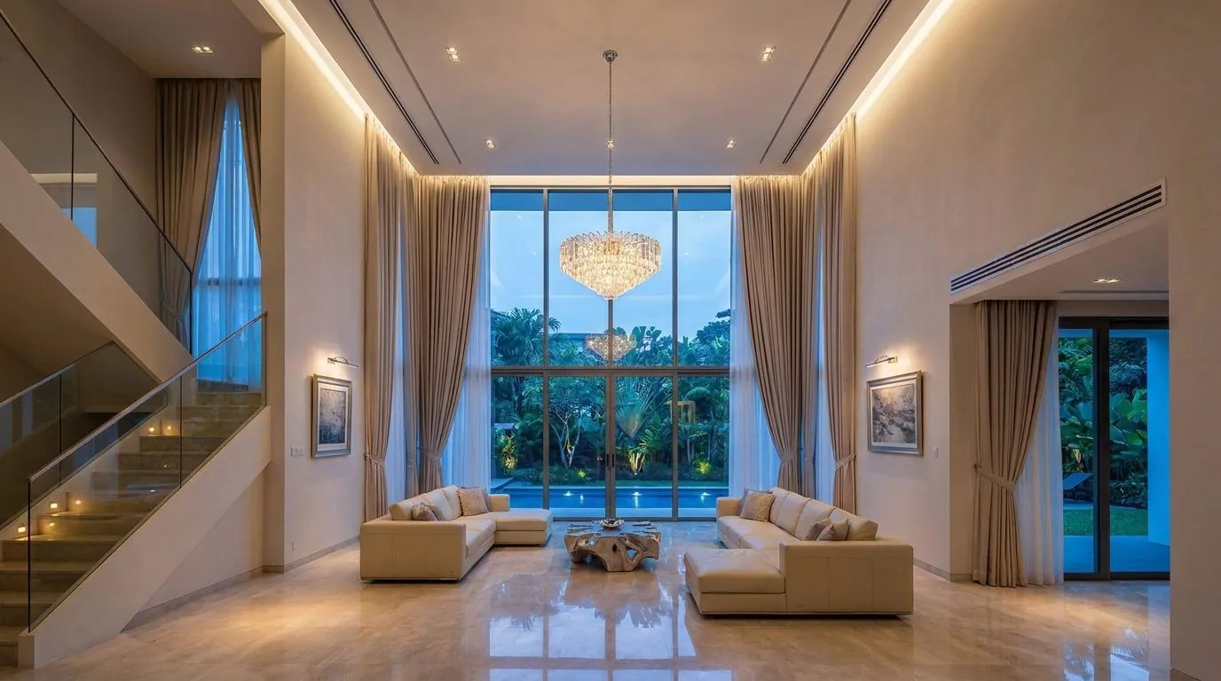 A double-height living room with the chandelier and cove lights on